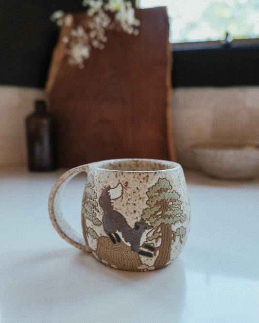 Foxes & Sequoias Speckled Mug