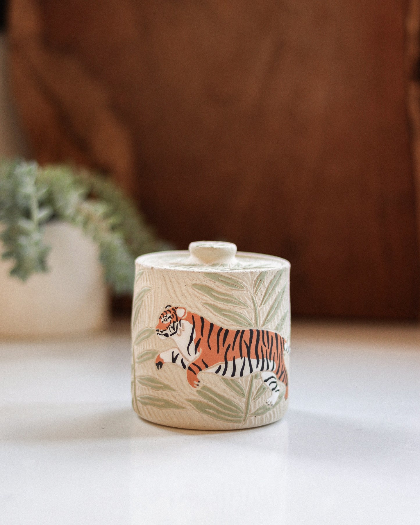 Tigers & Palm Leaves Salt Jar