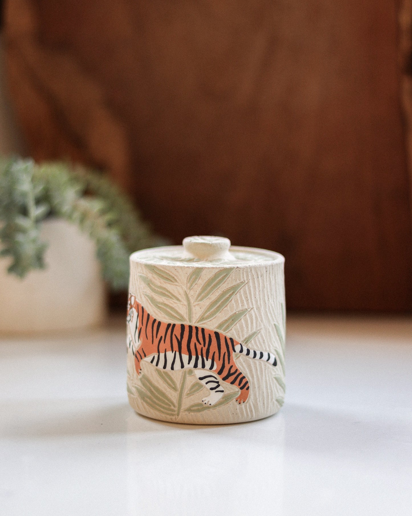 Tigers & Palm Leaves Salt Jar