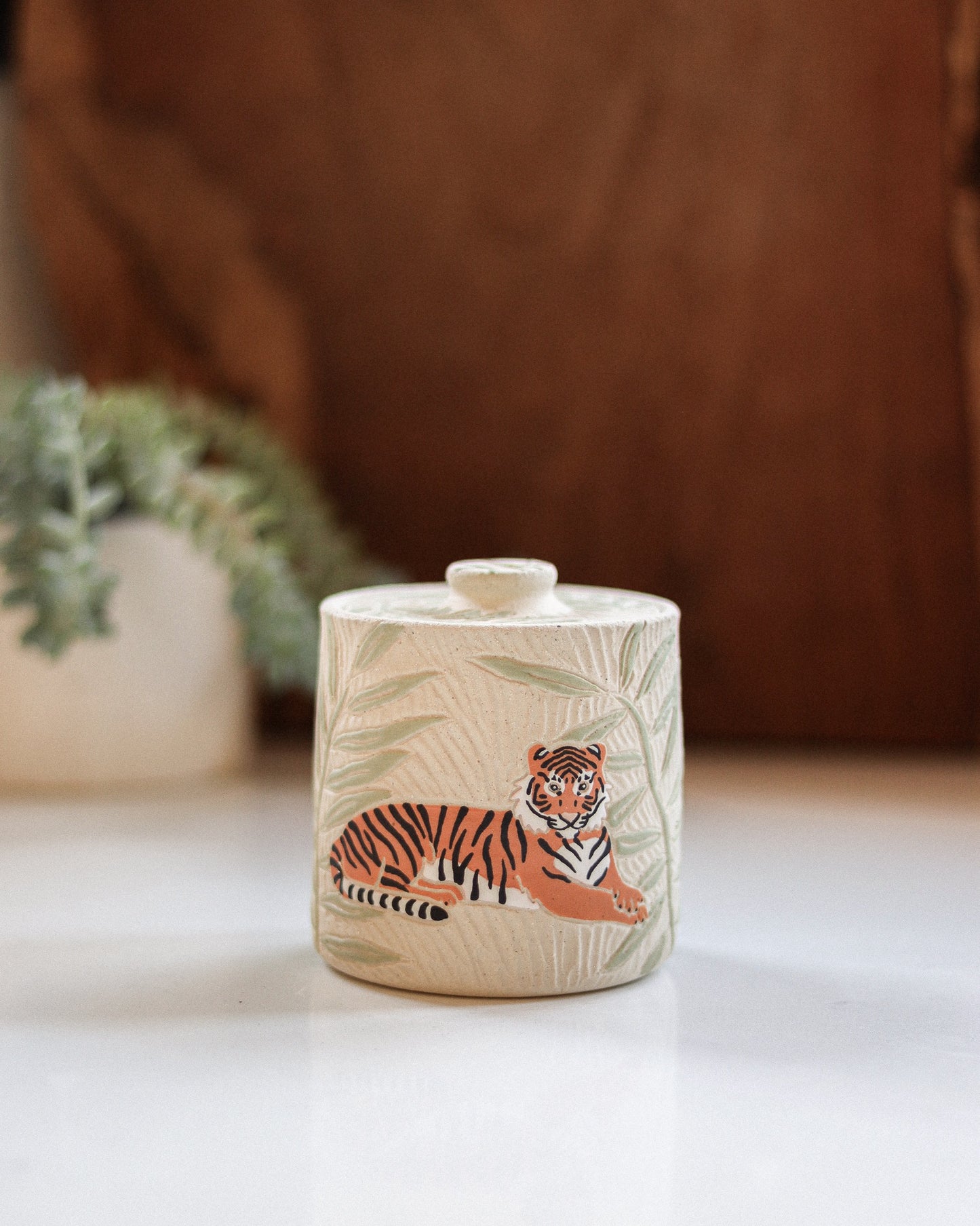 Tigers & Palm Leaves Salt Jar