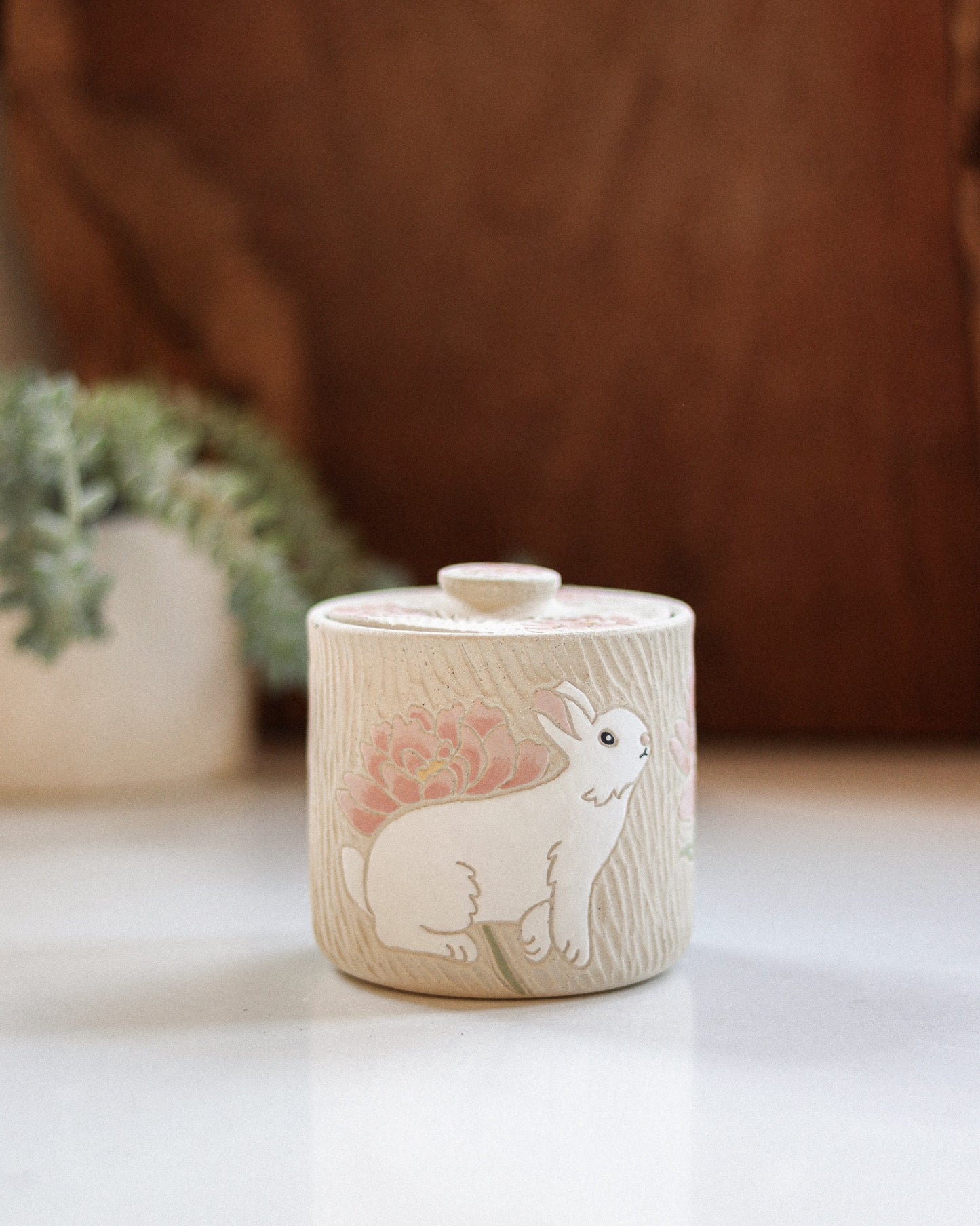 Rabbits & Peonies Salt Jar