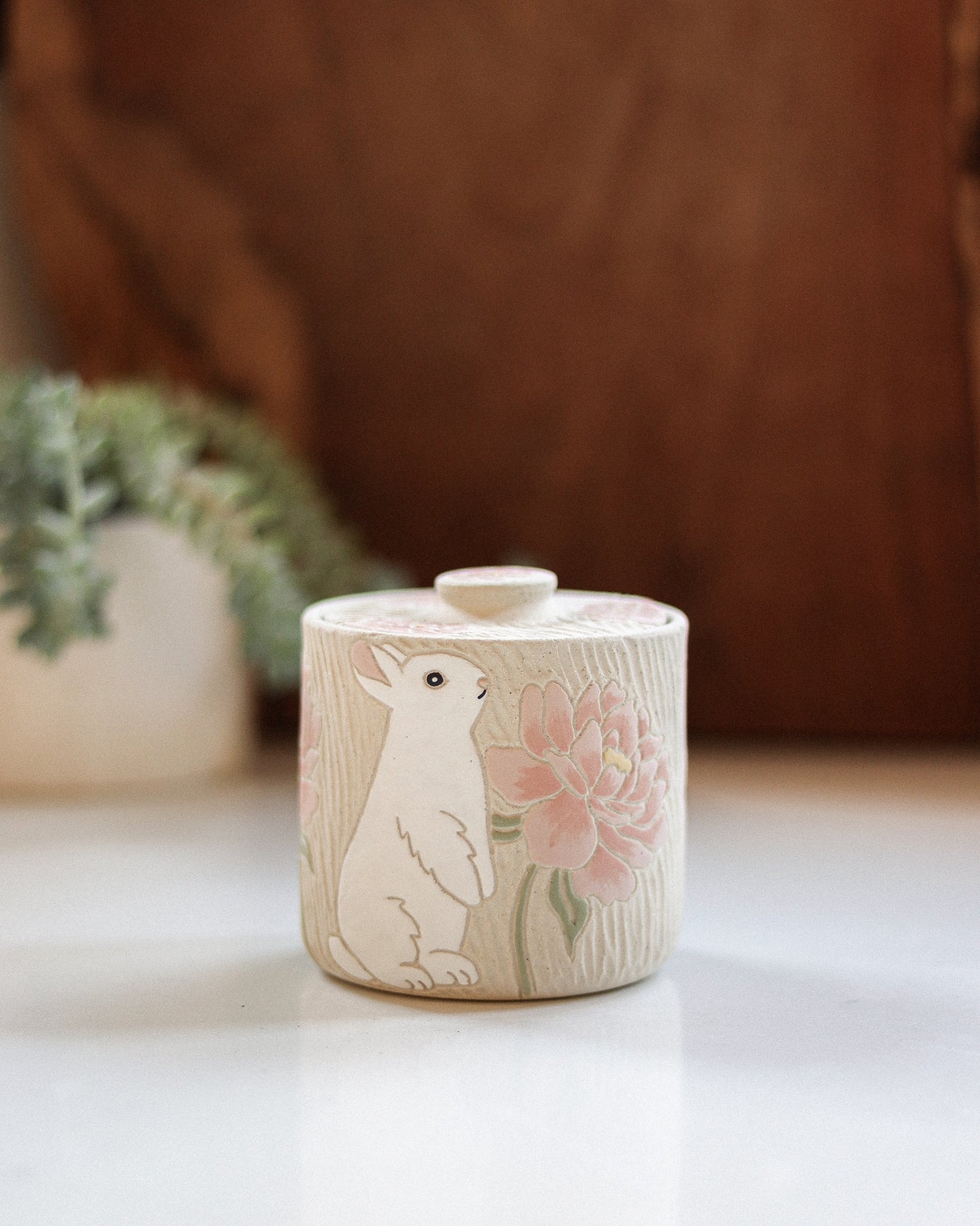 Rabbits & Peonies Salt Jar