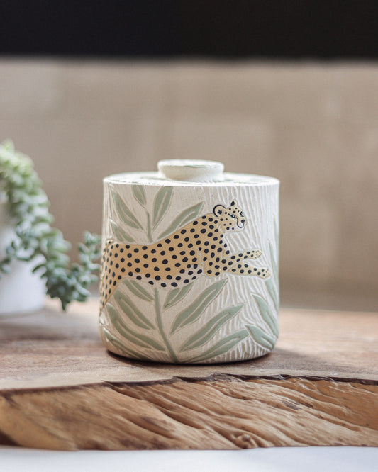 Cheetah & Palm Leaves Jar (Discounted Second)